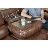 Achern Brown Leather-Air Nailhead Manual Reclining Sofa and Loveseat with Storage Console and USB T2574P198807