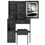 Small Size Left Drawer Desktop Vanity Table Cushioned Stool, Touch Control Sliding LED Mirror, W936P202449