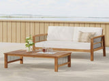 Outdoor Acacia Wood and Iron Loveseat and Coffee Table Set with Cushions, Teak, Black, Beige 73021.00BGE