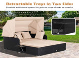 Beige Rattan Daybed Lounge W/ Retractable Top Canopy Side Tables Cushions 95150897