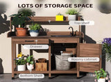 Dark Brown Outdoor Potting Bench with Storage Cabinet,Sink and Faucet ,Hooks 94600135