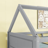 Twin Over Twin House Floor Bed with Headboards, Footboards and Guardrails, Ladder, Rubber Wood W504P227934