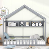 ZNTS Wooden Twin Size House Bed with Storage Shelf,Kids Bed with Fence and Roof, Gray WF323094AAE