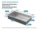 Kitchen Sink 33"x19" Multifunctional undermount Flying Rain Waterfall S304 Stainless Steel Handmade 18198339