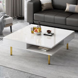 ON-TREND Exquisite High Gloss Coffee Table with 4 Golden Legs and 2 Small Drawers, 2-Tier Square WF315490AAK