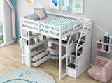 Full Size Loft Bed with Desk and Shelves, Two Built-in Drawers, Storage Staircase, White 48024197