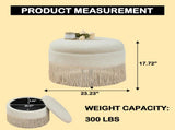 Round Storage Ottoman Bench, 23.23 Inch Upholstered Footstool with Tassel Fringe, 300 lbs W5501P548365