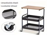 3-Layer Metal Rolling Cart with Lockable Wheel, Kitchen Storage Rack with Wooden Desktop 12120637