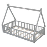 Twin Tent-shaped Floor Bed, with Guardrails, Slats, Door ,Grey W504119500