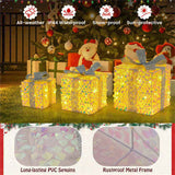 Set of 3 Christmas Lighted Gift Boxes with 90 Warm Lights, PVC SequinsBows, 10"/8"/6" Sizes 13436760