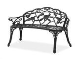 Outdoor Cast Aluminum Patio Bench, Porch Bench Chair with Curved Legs Rose Pattern, Black 50857414