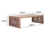 47.2" Rustic Carved Wood Coffee Table Handcrafted Look with Ornate Side Panels, Natural Finish W2729P298156