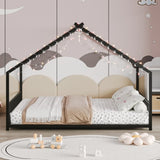 Full size children's bed frame with LED light strips, roof-shaped iron frame bed, Black,78.5" L x W1820P308331