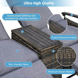 Patio Recliner Loveseat Chair, Adjustable Backrest Wicker Outdoor Lounge Chair Set with Acacia Wood 98839028