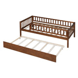 ZNTS Twin Size Wood Daybed with Trundle and Fence Guardrails, Walnut WF301862AAL