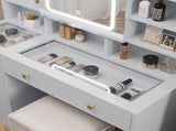 Pitted Particleboard With Triamine Coating, Tempered Glass Table Top, 5 Drawers, With Shelves, With 17307547