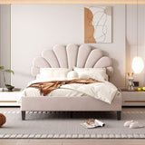 Full Size Upholstered Platform Bed with Flower Pattern Velvet Headboard, Beige WF305290AAA