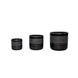 Handmade Black Glazed Ceramic Planter Set of 3, 9" 7" 6" Diameter, Grid Pattern, for Succulents & W3273P322258
