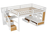 Full Size Loft Bed with Desk and Shelves, Two Built-in Drawers, Storage Staircase, White and Natural 04858801