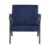 Retro Style Velvet Upholstered Blue Accent Chair 1pc Solid Rubberwood Antique Gray Finish Modern B011P182643