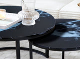 Set 2 Coffee Table Nesting Black top Black Frame Circular Round and Marble Pattern Wooden Tables, 62287079