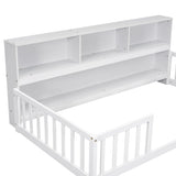 Twin Floor Bed with Bedside Bookcase,Shelves,Guardrails,White W504142771