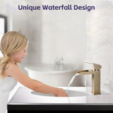 Waterfall Bathroom Brushed Gold Single Handle Bathroom Sinks 1 or 3 Hole Solid Vanity W1224P224288