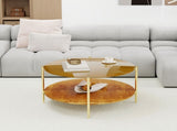Luxurious Round Coffee Table with-Tinted Tempered Glass Top Walnut Wood Storage Shelf, Sturdy W1935P457159