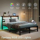 Full Size Metal Bed Frame with Wooden Headboard, RGB Lights, Charger, Storage Shelf, Noise-Free, No W840P209896