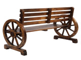 Rustic 2-Person Wooden Wagon Wheel Bench with Slatted Seat and Backrest, Brown 92221888