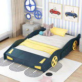 Full Size Race Car-Shaped Platform Bed with Wheels and Storage, Dark BlueYellow WF305760AAC