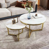 Modern Round Nesting Coffee Table Set 2-Piece White & Marbling Top Gold Base WF320651AAK