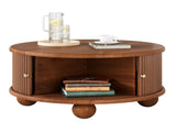 Round Fluted Coffee Table with Storage, Pine Solid Wood, Sliding Door, Walnut, 31.8" 90275322