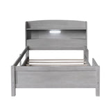 Wood Twin Size Platform Bed with Built-in LED Light, Storage Headboard and Guardrail, Antique Grey WF308150AAE