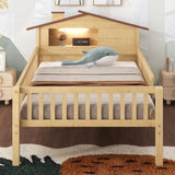Twin Size Wood Platform Bed with House-shaped Headboard, LED and Built-in Storage, Natural N709P184429M