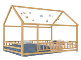 Full Size Floor Wooden Bed with House Roof Frame, Fence Guardrails,Natural W1858P389982