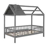 Twin Size Wood House Bed with Fence, Gray WF289640AAE