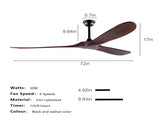 72 Inch Ceiling Fan with 3 Solid Wood Blades, Reversible Quiet DC Motor, Remote Control, Modern W3816P585993
