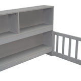 ZNTS Full Floor Bed with Side Bookcase,Shelves,Guardrails,Grey W504142774