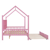 ZNTS Wooden Full Size House Bed with Trundle,Kids Bed with Shelf,Pink WF297070AAH