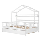 Wooden Full Size House Bed with Twin Size Trundle,Kids Bed with Shelf, White WF301683AAK