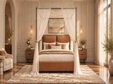 Queen Canopy Bed Frame, Faux Leather Upholstered Bed with Metal Frame, Four Poster Platform Bed, No W636P566621