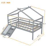 ZNTS Twin Low Loft House Bed with Slide, Ladder, Safety Guardrails, House Roof Frame,Grey 74742872