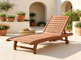 Reddish Brown 3-Position Reclining Outdoor Chaise Wooden Pool Lounge with Built-in Side Table & 28850754