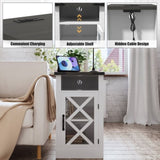 Farmhouse End Table with Charging Station, 15.4'' Rustic Nightstand with Barn Door & Adjustable T3609P332411