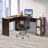 ZNTS L-Shaped Wood Right-angle Computer Desk with Two-layer Bookshelves Dark Brown 28876635