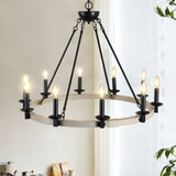 Rustic Farmhouse 10-Light Candle Chandelier, Black Metal and Wood Round Hanging Light Fixture for W1340P221222
