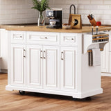 K&K 54inch Large Kitchen Island with Rubber Wood Drop Leaf, Embossed Texture Rolling Kitchen Cart on N707P195395W