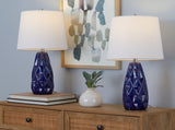 Hex 20" Contemporary Ceramic Accent Lamp in Estate Blue Ceramic, Polished Nickel and White Linen B202P224019