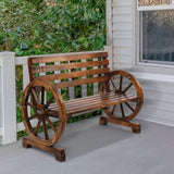 Rustic 2-Person Wooden Wagon Wheel Bench with Slatted Seat and Backrest, 54868560